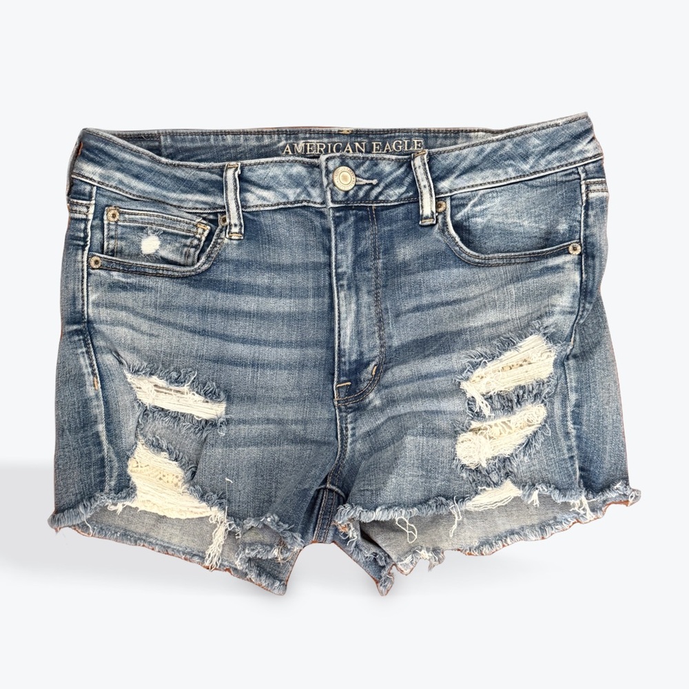 American Eagle Outfitters Stretch High Waisted Ripped Blue Jean Shorts